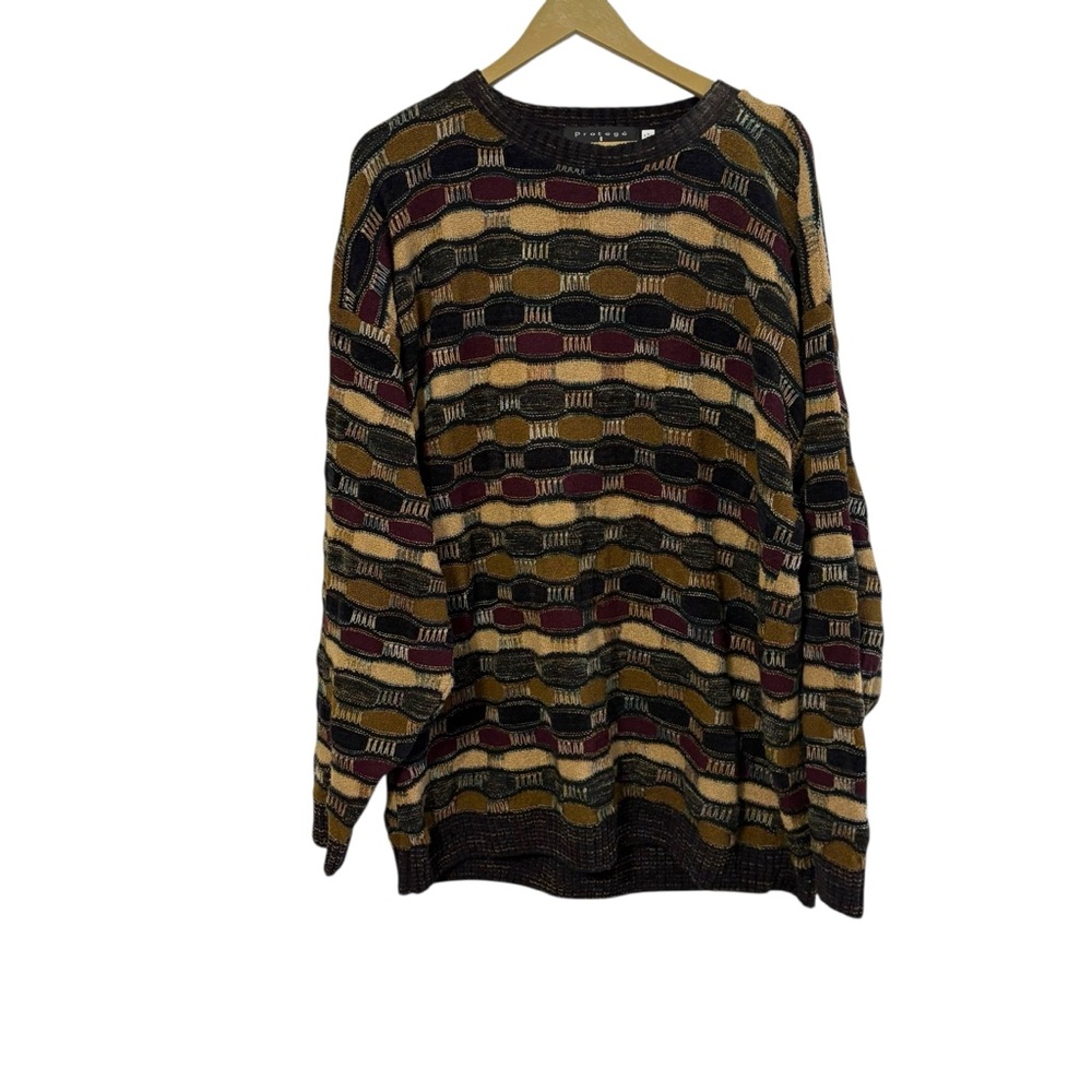Vintage Protege Collection XLT Tan Burgundy Grandpa 3D Knit Sweater Eclectic